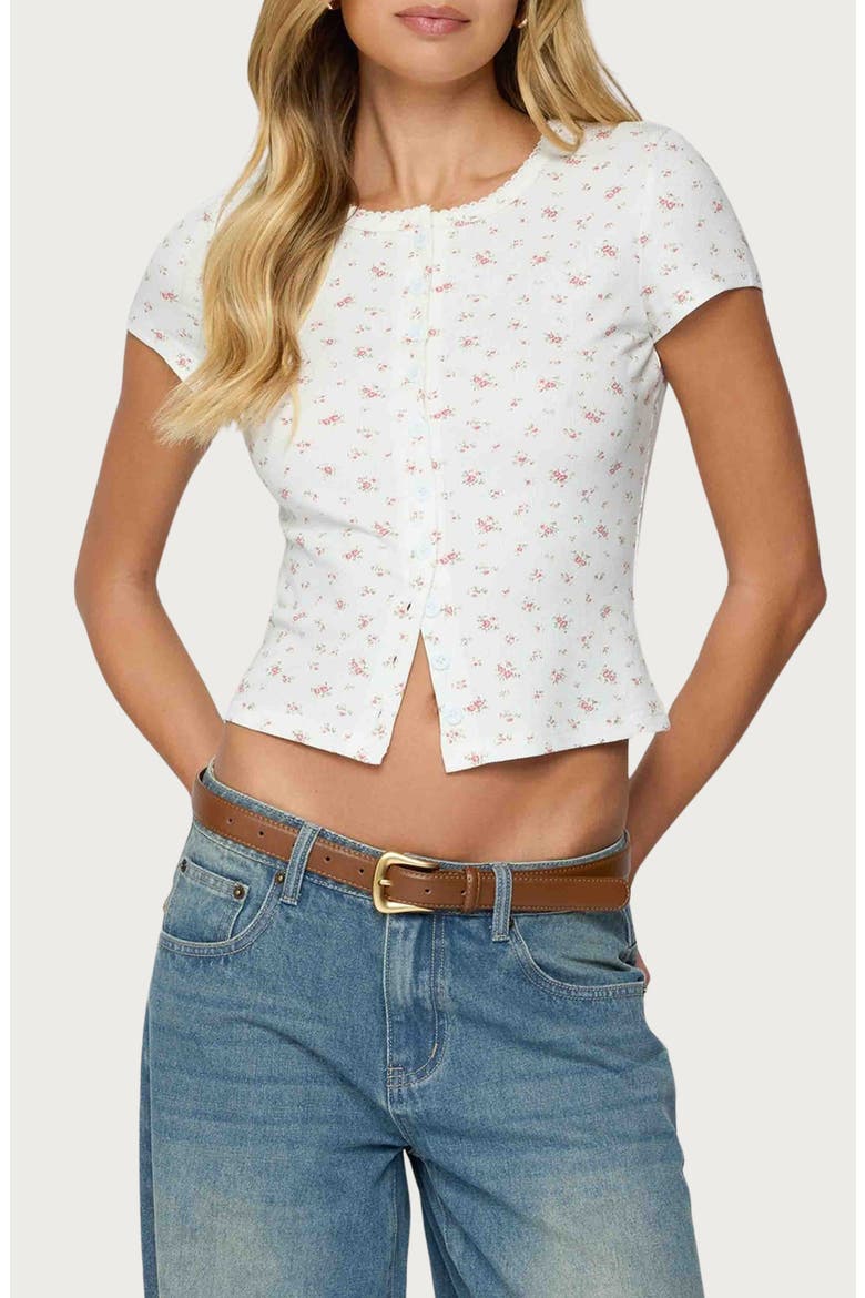 Odella Floral Rib Button-Up Crop Top, Main, color, CREAM