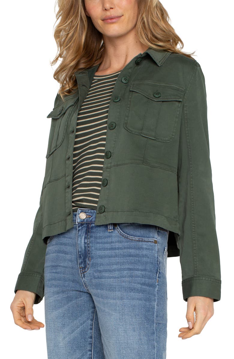 Liverpool Los Angeles Peplum Twill Trucker Jacket, Alternate, color, Moss Green