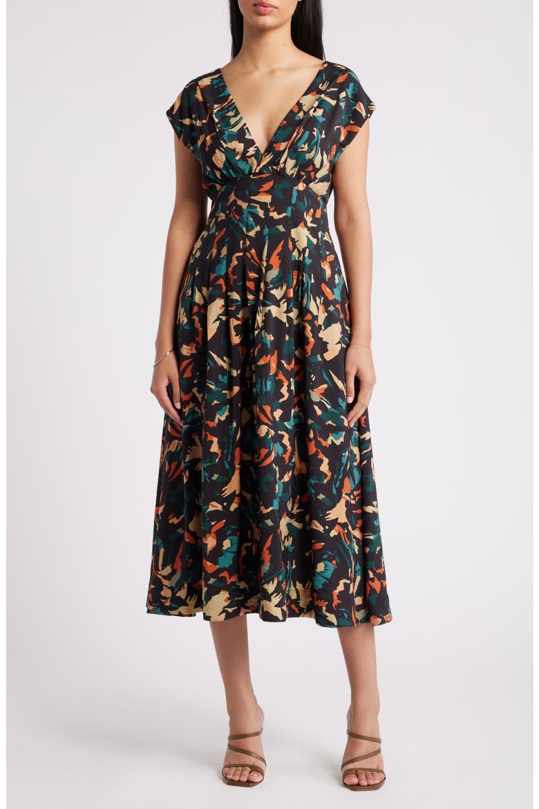 Abstract Print Midi Dress, Main, color, BLACK MULTI GREY STROKES