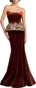 Mac Duggal Embellished Velvet Peplum Strapless Gown