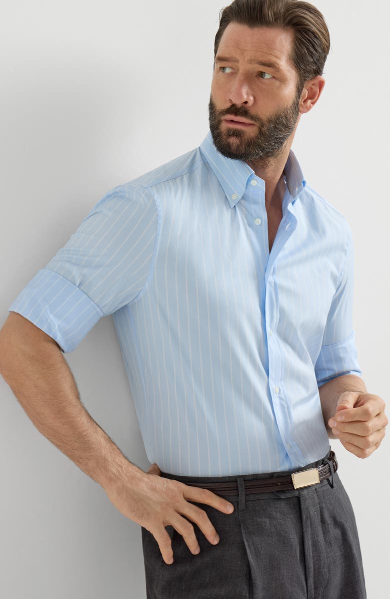 Brunello Cucinelli Striped poplin shirt, Alternate, color, Azure