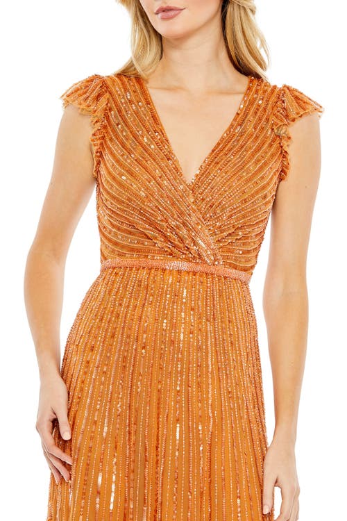 Mac Duggal Sequined Wrap Over Cap Sleeve Ruffle Hem Dress