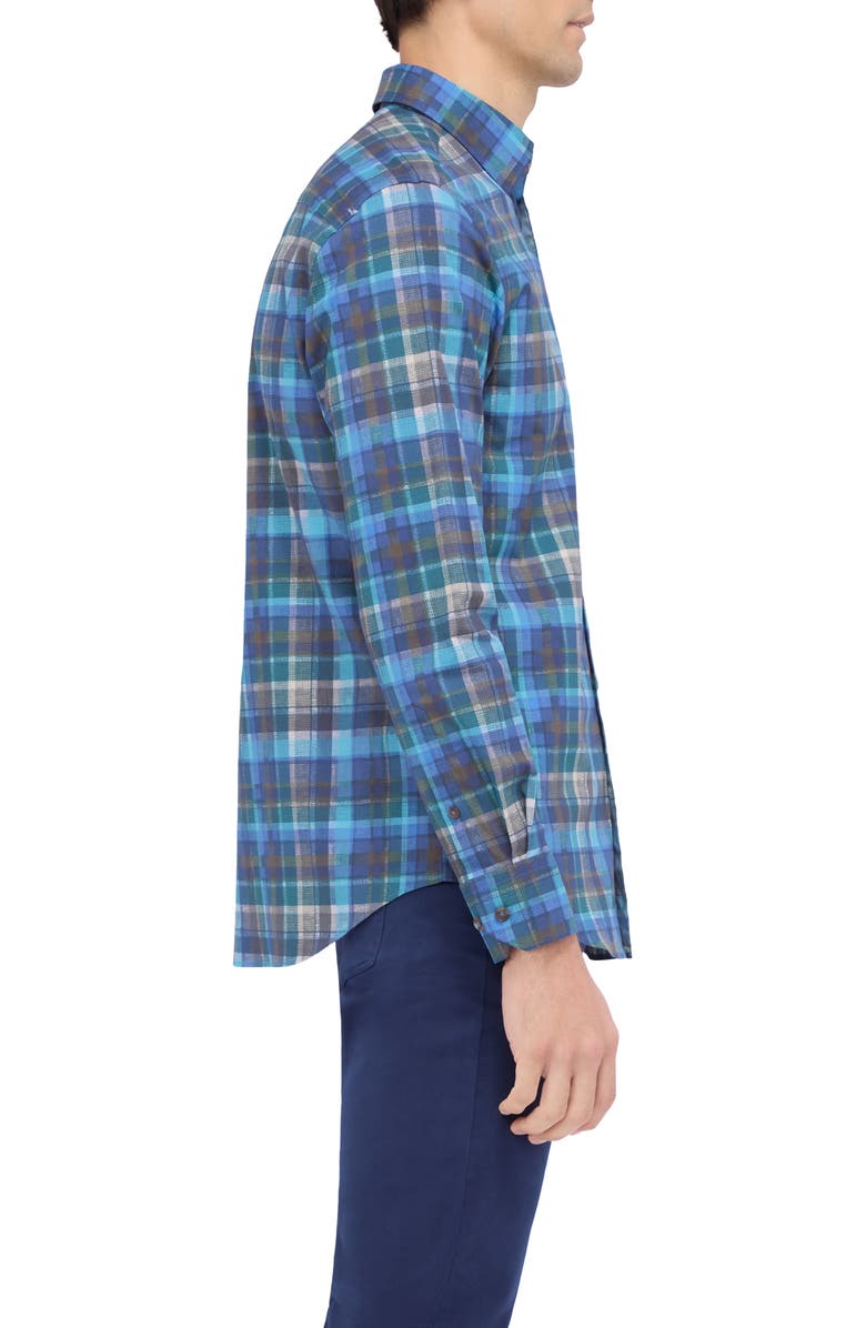 Bugatchi Karl Shaped Fit Check Stretch Button-Up Shirt, Alternate, color, Teal