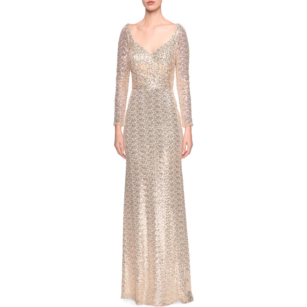 La Femme Long Sleeve Sequins Gown With Soft V-neckline