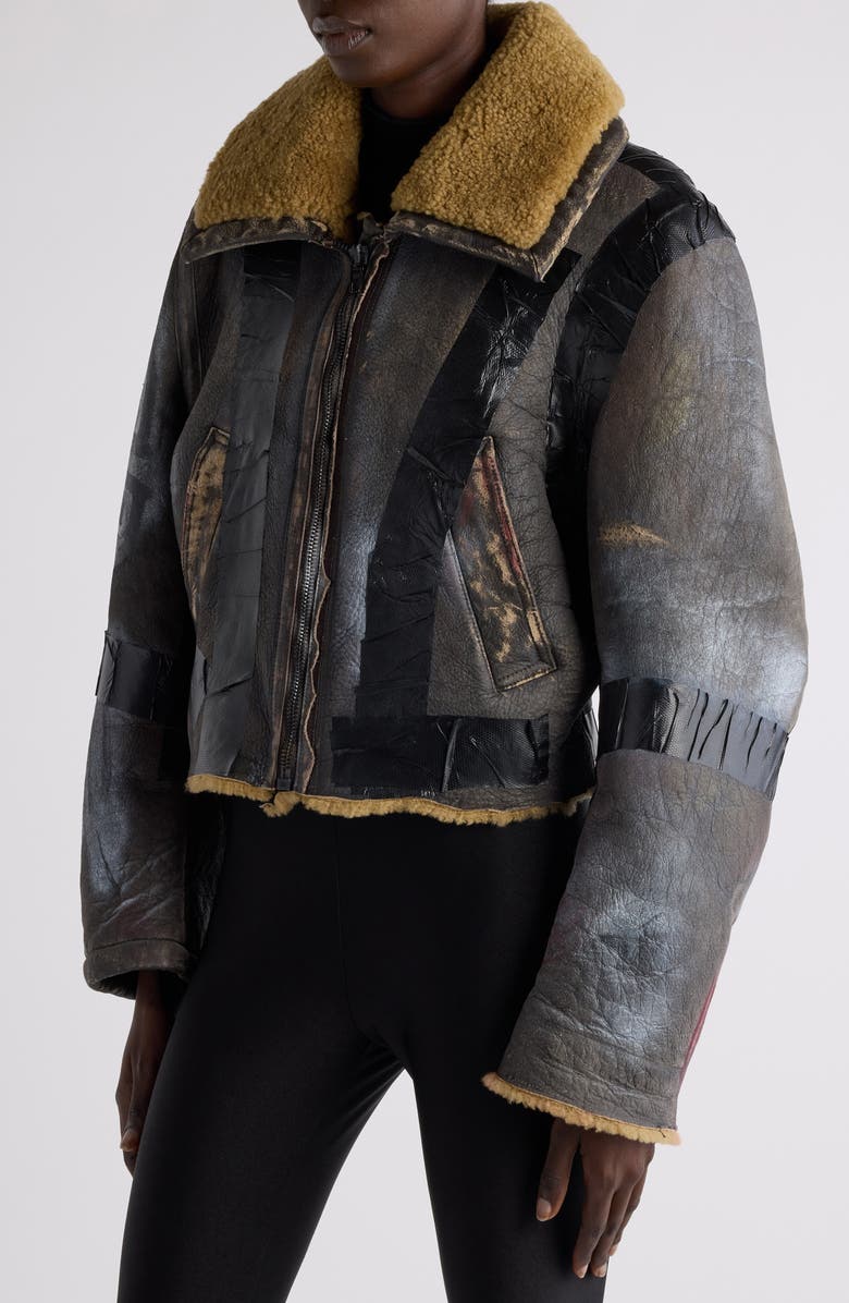 Balenciaga Paint Logo Taped Genuine Shearling Bomber Jacket, Alternate, color,