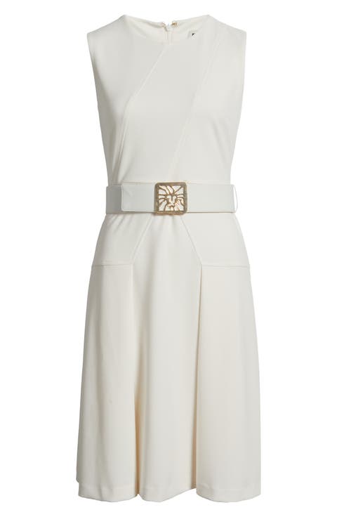 Belted Panel Jewel Neck Dress