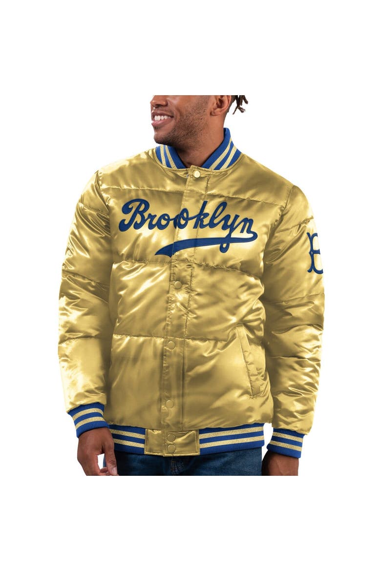 Men's Starter Gold Brooklyn Dodgers Cooperstown Collection Bronx Satin Full-Snap Bomber Jacket, Main, color, Gold