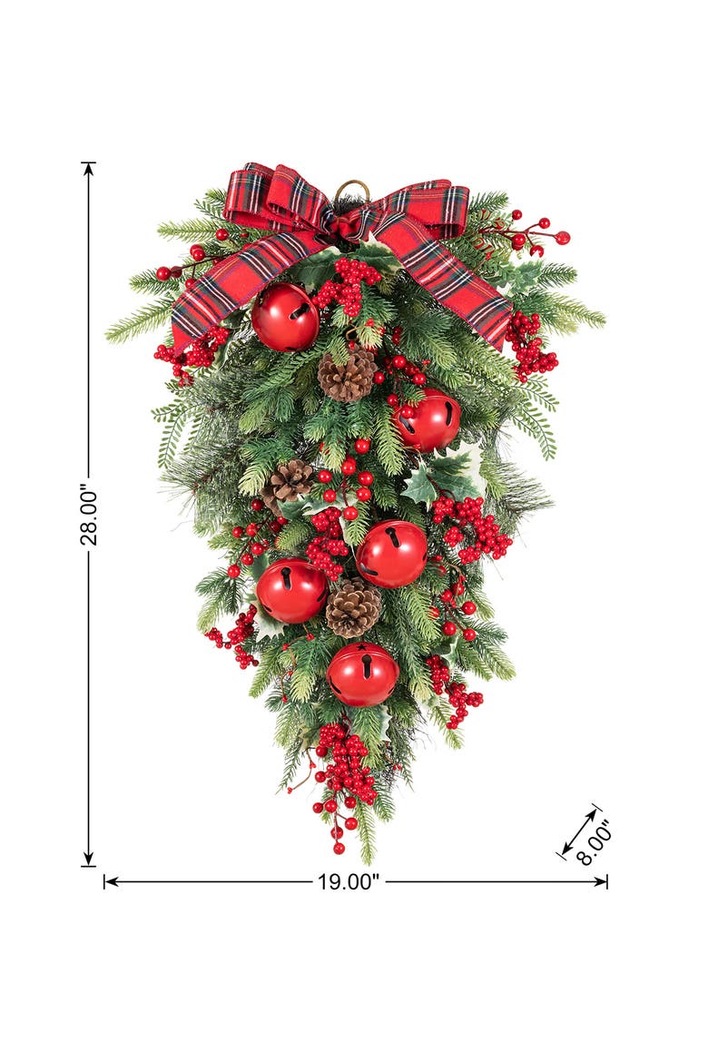 Berry Pinecone and Bell Christmas Teardrop Wreath, Alternate, color, Red