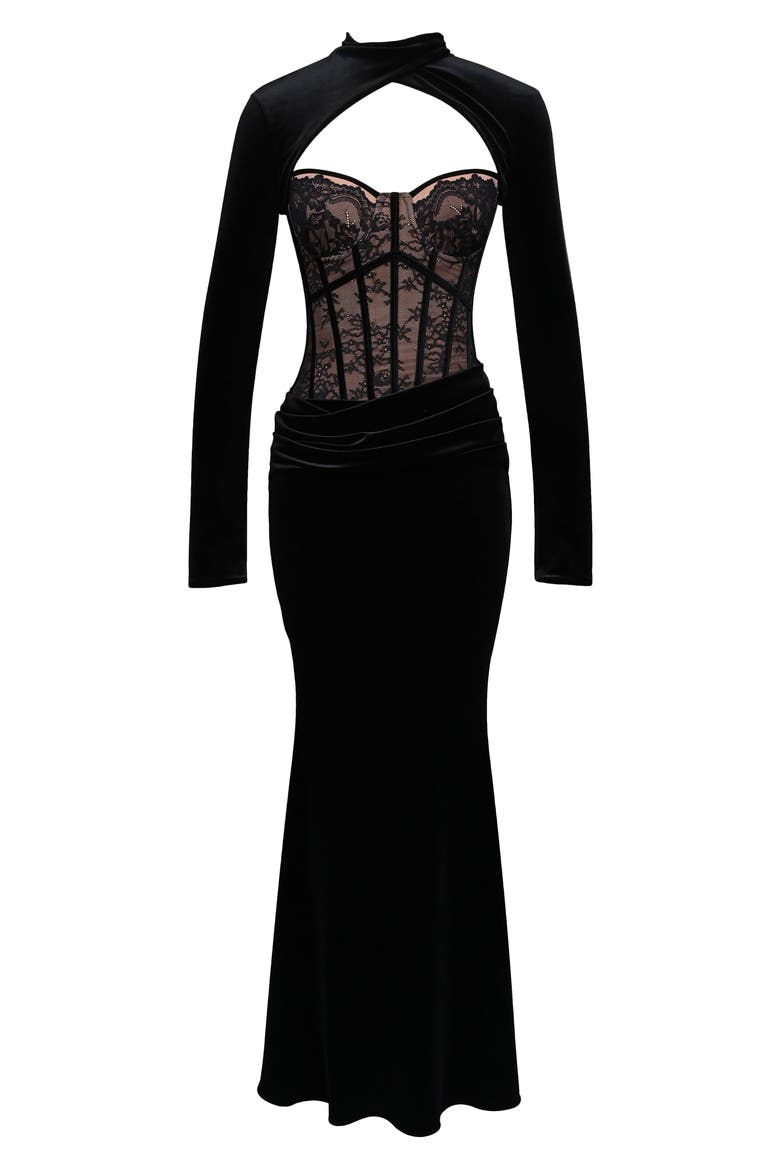 Ayana Strapless Lace & Velvet Mermaid Gown & Bolero Set, Alternate, color, BLACK