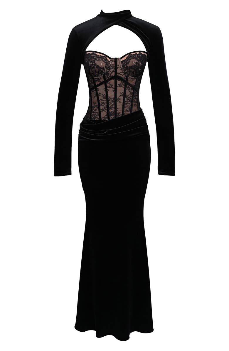 HOUSE OF CB Ayana Strapless Lace & Velvet Mermaid Gown & Bolero Set, Alternate, color, Black