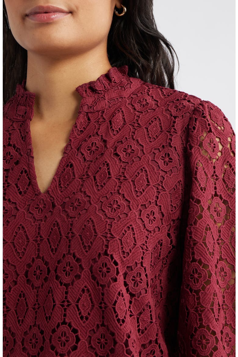 Ruffle Long Sleeve Lace Shift Dress, Alternate, color, BURGUNDY TANNIN