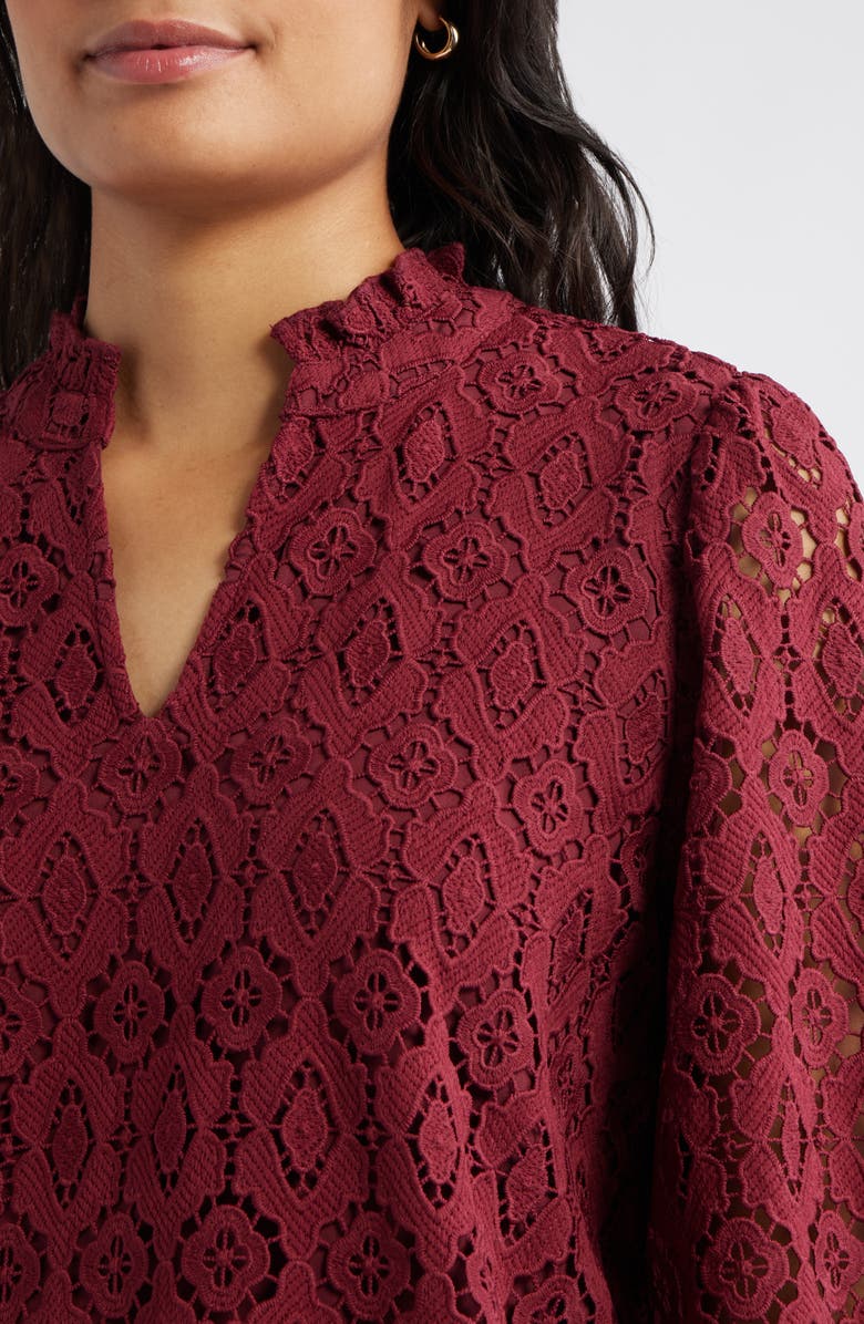 Caslon<sup>®</sup> Ruffle Long Sleeve Lace Shift Dress, Alternate, color, Burgundy Tannin