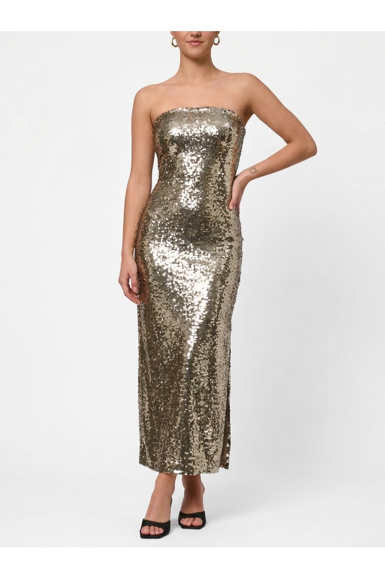 Yuri Strapless Sequin Midi Dress, Main, color, Silver