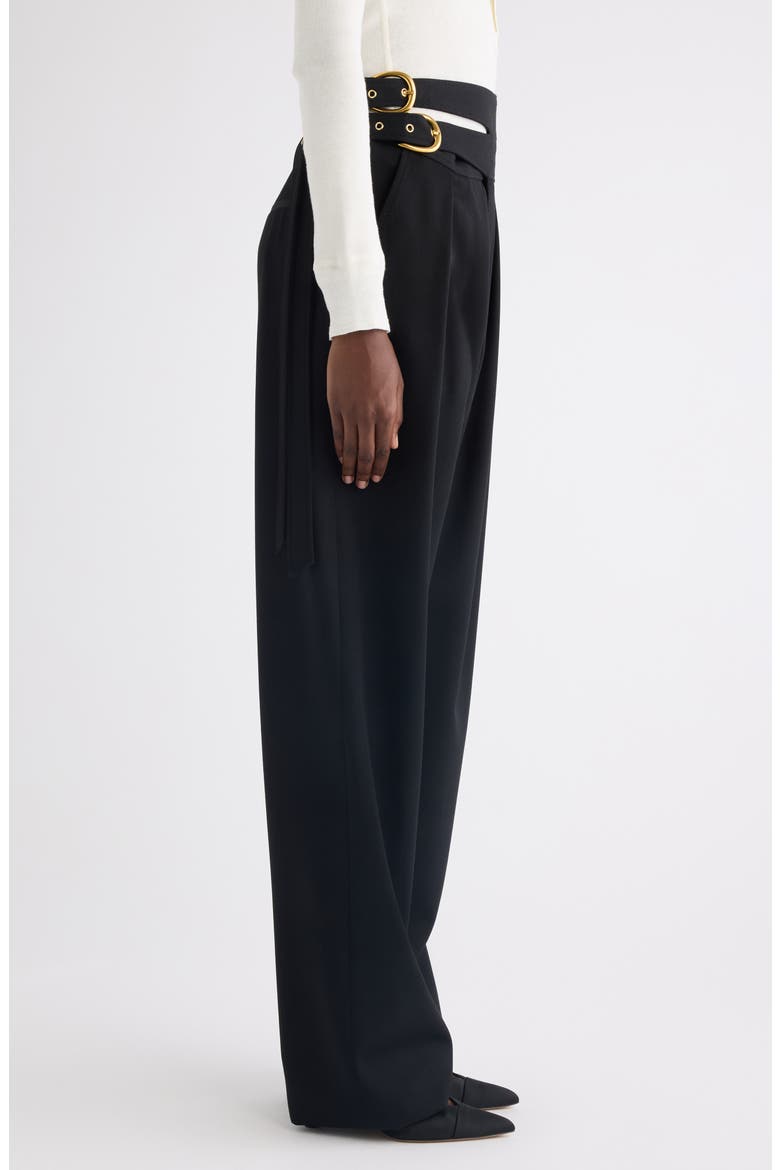 Buckle Keyhole High Waist Wool Straight Leg Pants, Alternate, color, BLACK