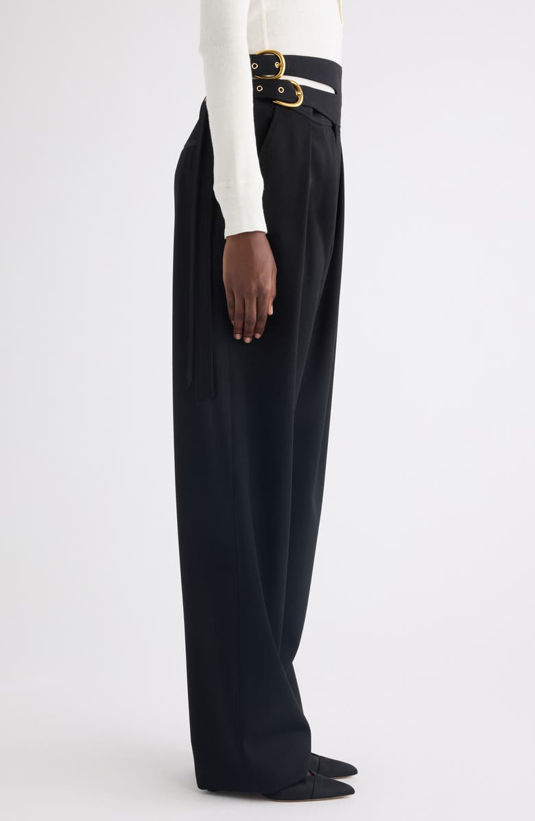 Chloé Buckle Keyhole High Waist Wool Straight Leg Pants, Alternate, color, Black
