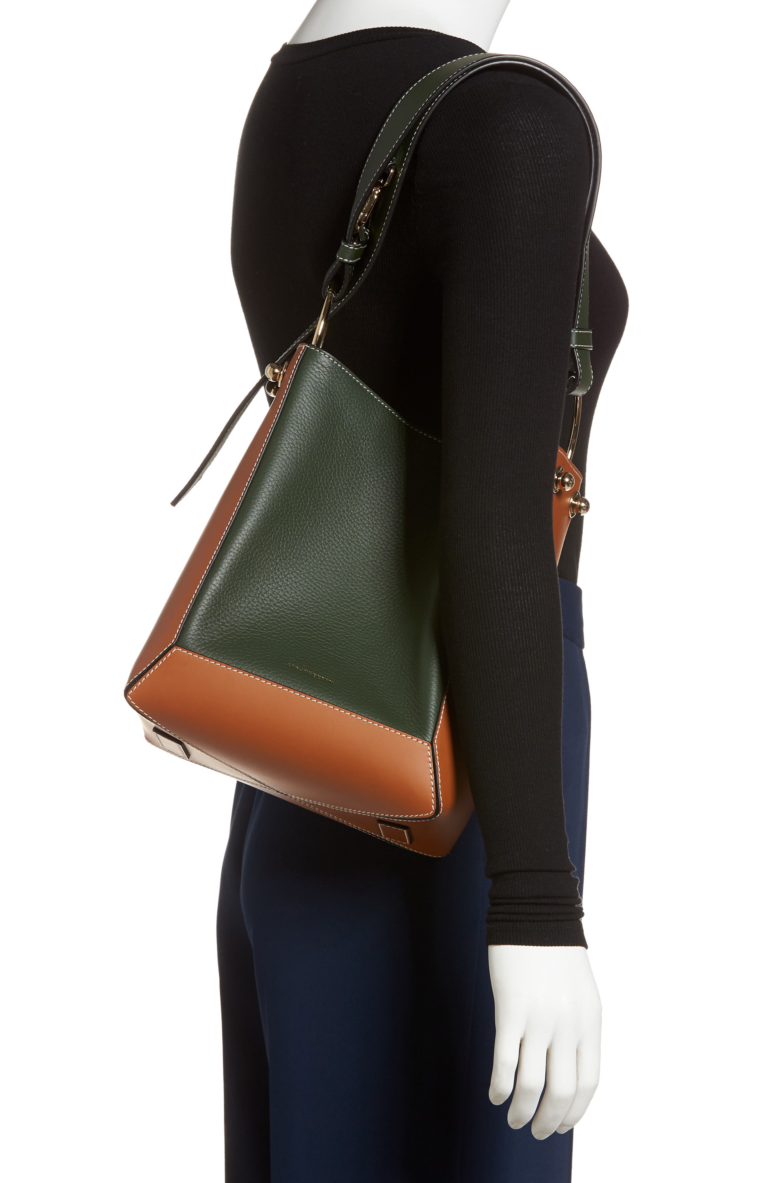 Lana Midi Bicolor Leather Bucket Bag, Alternate, color, TAN/BOTTLE GREEN
