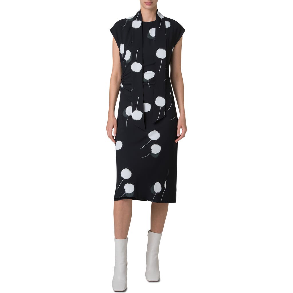 Akris Windflower-print Cap-sleeve Crepe Midi Dress With Detachable Bow In Black-ecru