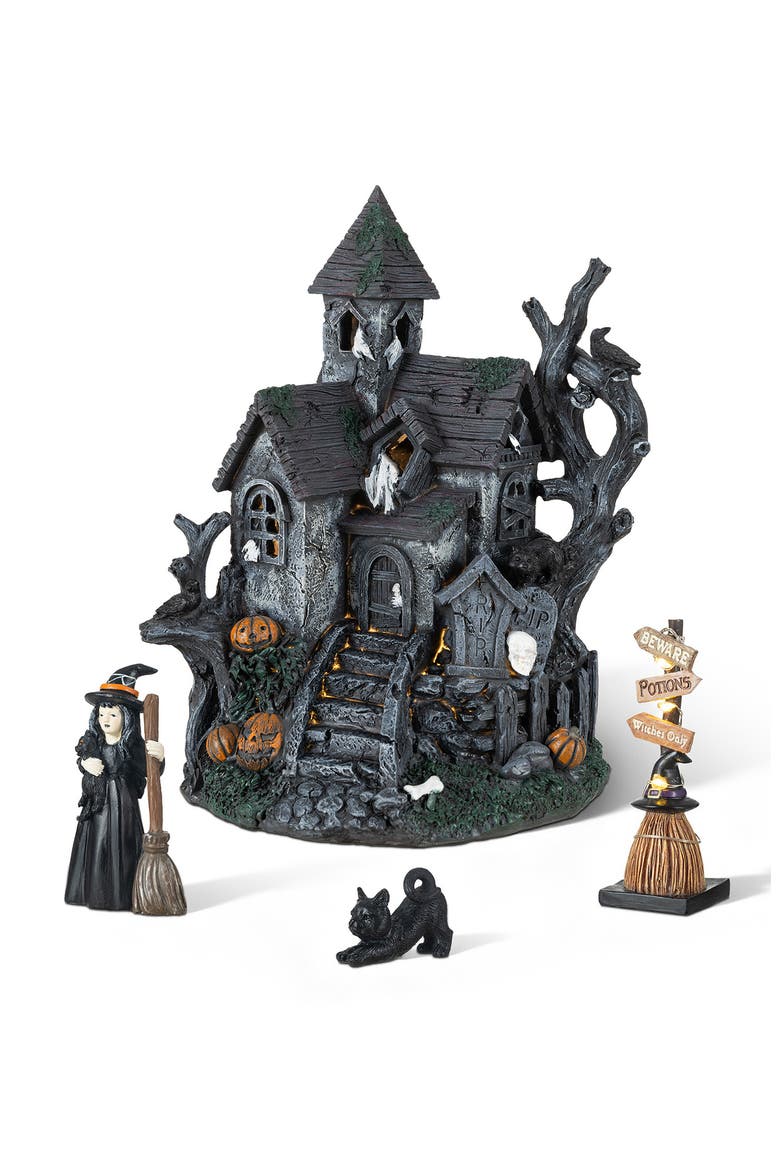 Set of 4 Halloween Lighted Resin Haunted House with Timer, Main, color, Black