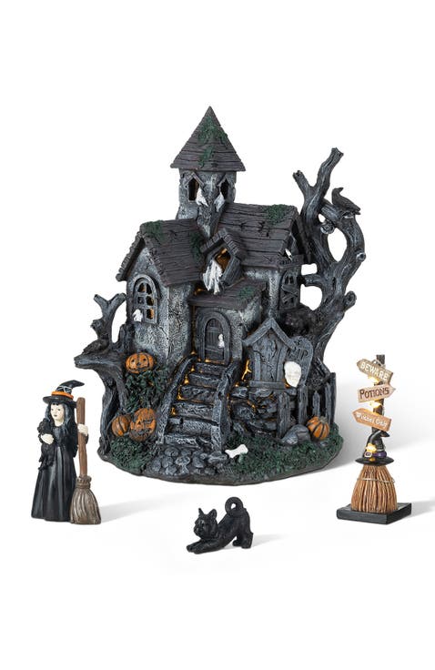 Set of 4 Halloween Lighted Resin Haunted House with Timer