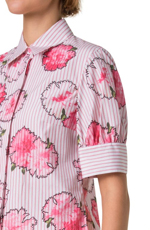 Akris Punto Carnation Print Stripe Short Sleeve Cotton Poplin Button-up Shirt In Cream-pale Pink