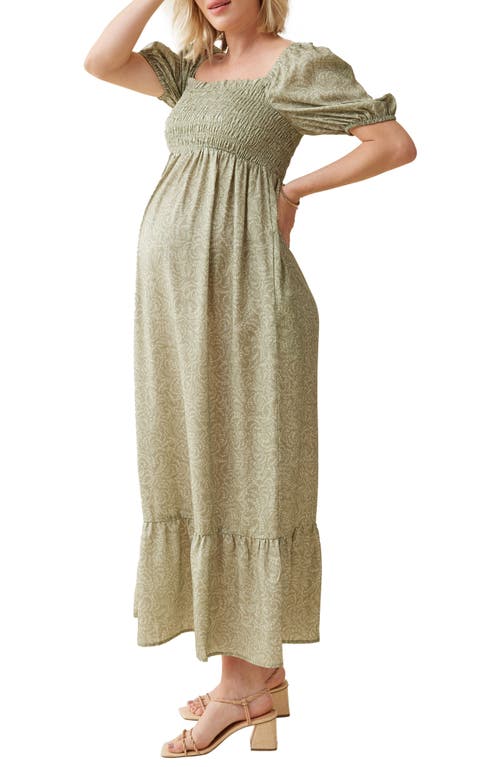 Ingrid & Isabel® Elbow Sleeve Smocked Bodice Maxi Maternity Sundress in Olive Two Tone  product