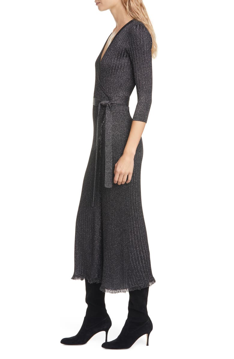 DVF Bobbi Metallic Detail Ribbed Wool Blend Midi Wrap Dress, Alternate, color,