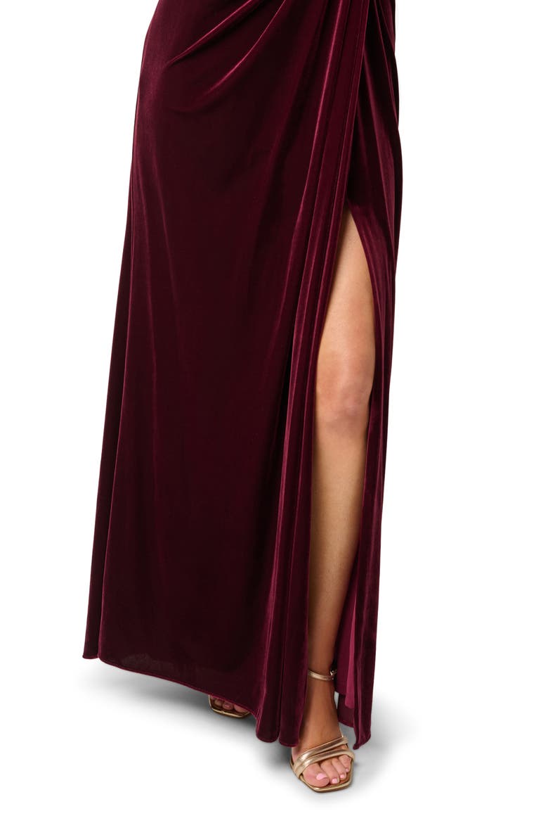 One Shoulder Stretch Velvet Twist Knot Draped Gown, Alternate, color, BORDEAUX
