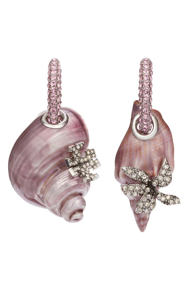 Tory Burch Curiosity Shell Drop Pavé Hoop Earrings, Alternate, color, Red / Purple