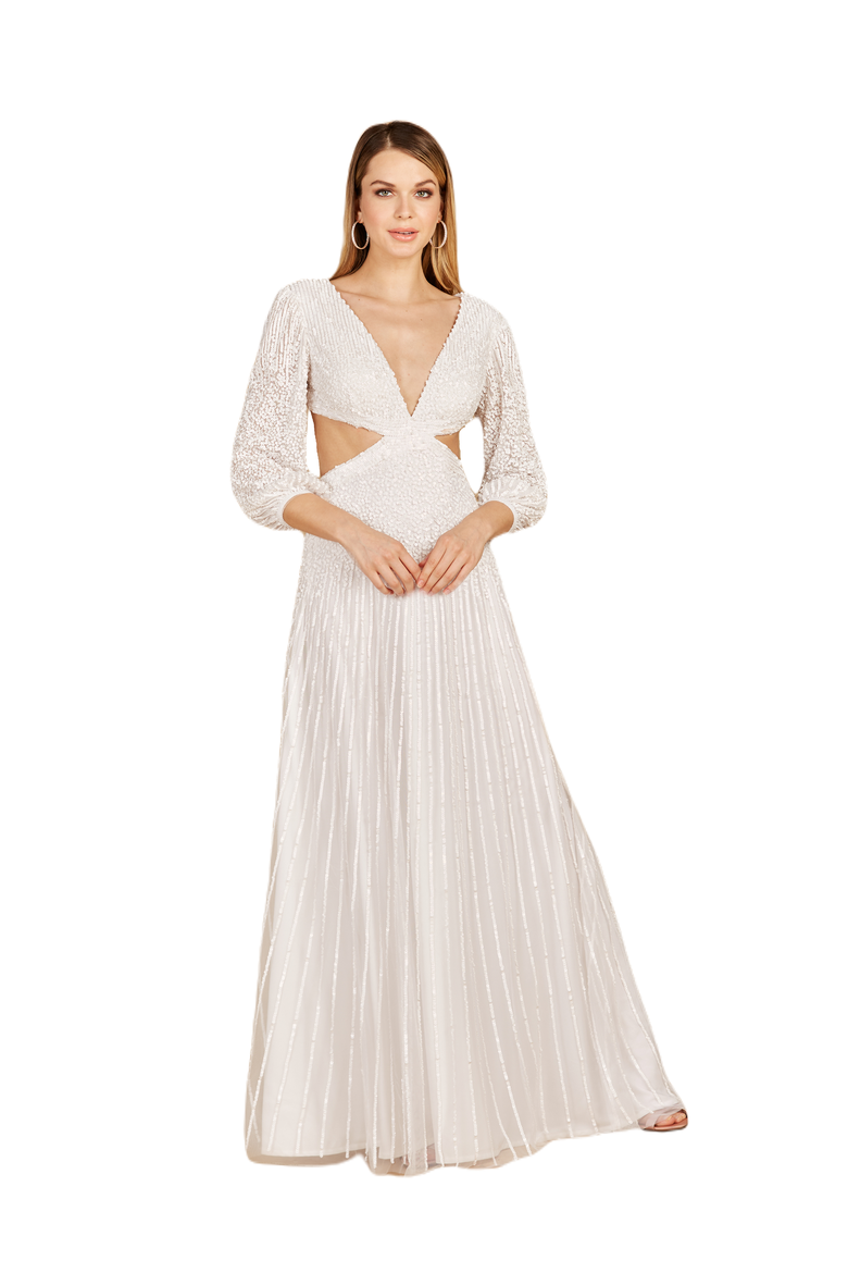 Long Sleeve Cut Out Wedding Dress, Main, color, Ivory
