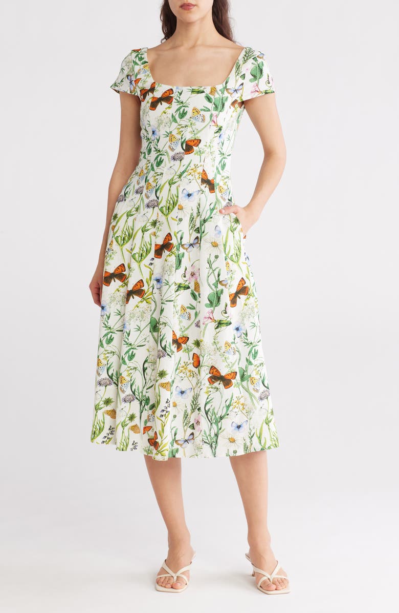 Avec Les Filles Floral Linen Blend Fit & Flare Dress, Main, color, 