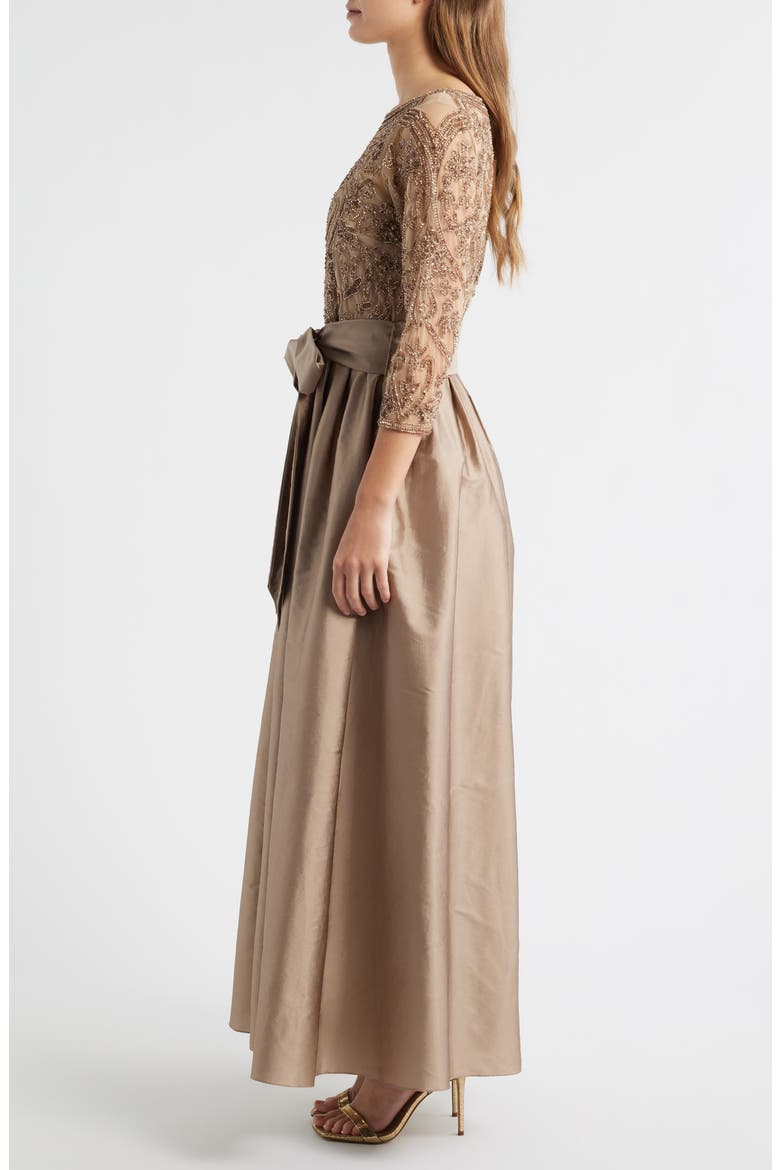 Beaded Illusion Neck Taffeta Cocktail Dress, Alternate, color, MOCHA