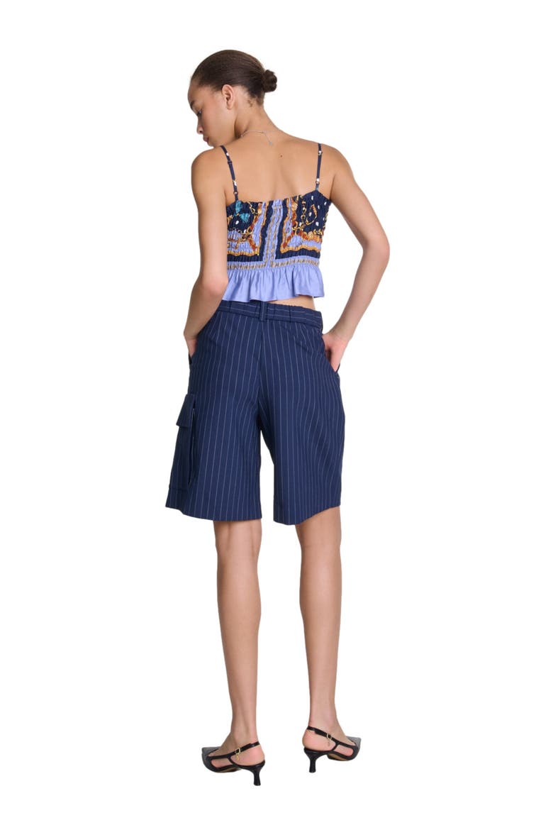 Printed smocked crop top, Alternate, color, Chain scarf print blue