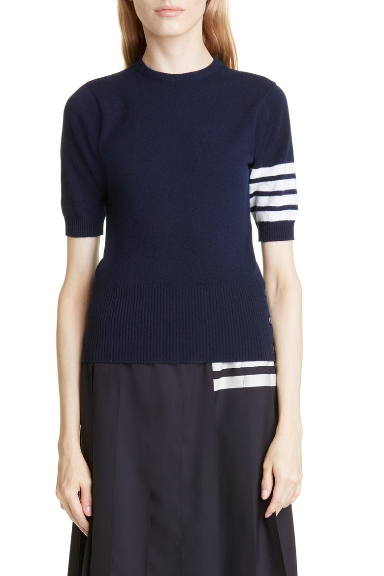 4-Bar Short Sleeve Cashmere Sweater, Main, color, NAVY