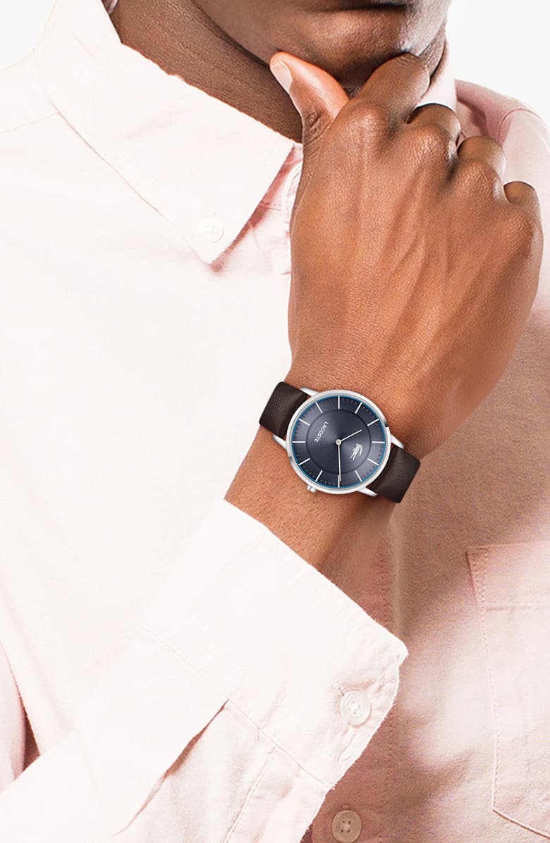 Lacoste Crocorigin Navy Leather Strap Watch, 40mm, Alternate, color, Brown