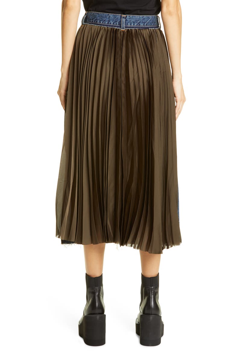 Split Pleated Denim Skirt, Alternate, color, BLUE/ KHAKI
