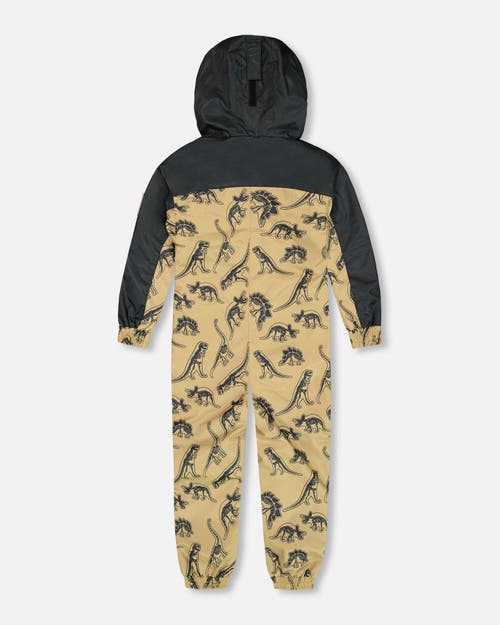 DEUX PAR DEUX DEUX PAR DEUX LITTLE BOY'S PRINTED MID-SEASON ONE-PIECE OUTERWEAR BLACK DINOSAUR ON BEIGE BACKGROUND