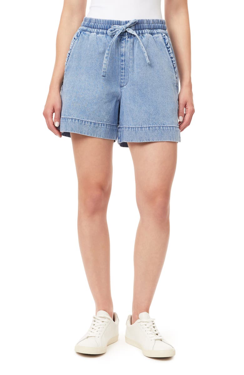 Kensie Drapey High Waist Ruffle Denim Shorts, Main, color, Morgan