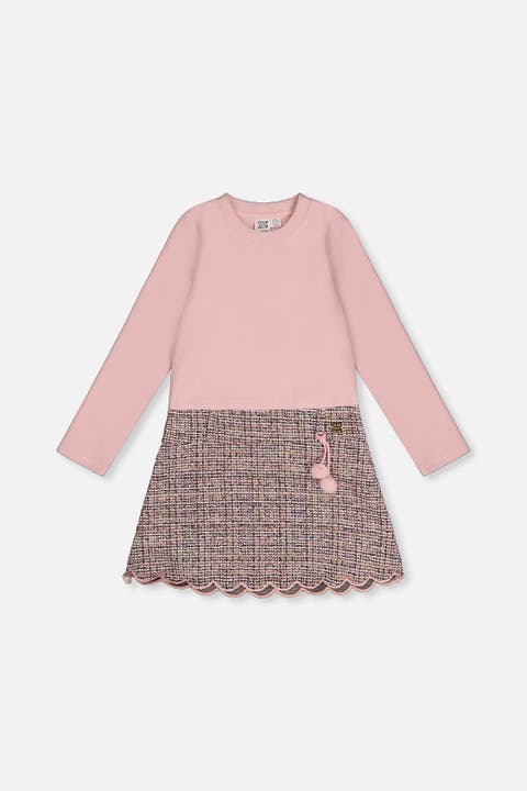 Bi-Material Brushed Rib Jacquard Knit A-Line Dress