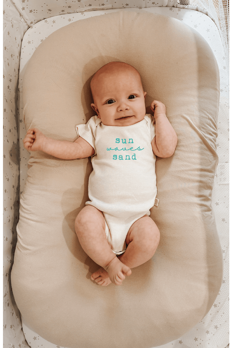 Sun Waves Sand - Organic Short Sleeve Baby Bodysuit, Alternate, color, Natural Seafoam Lettering