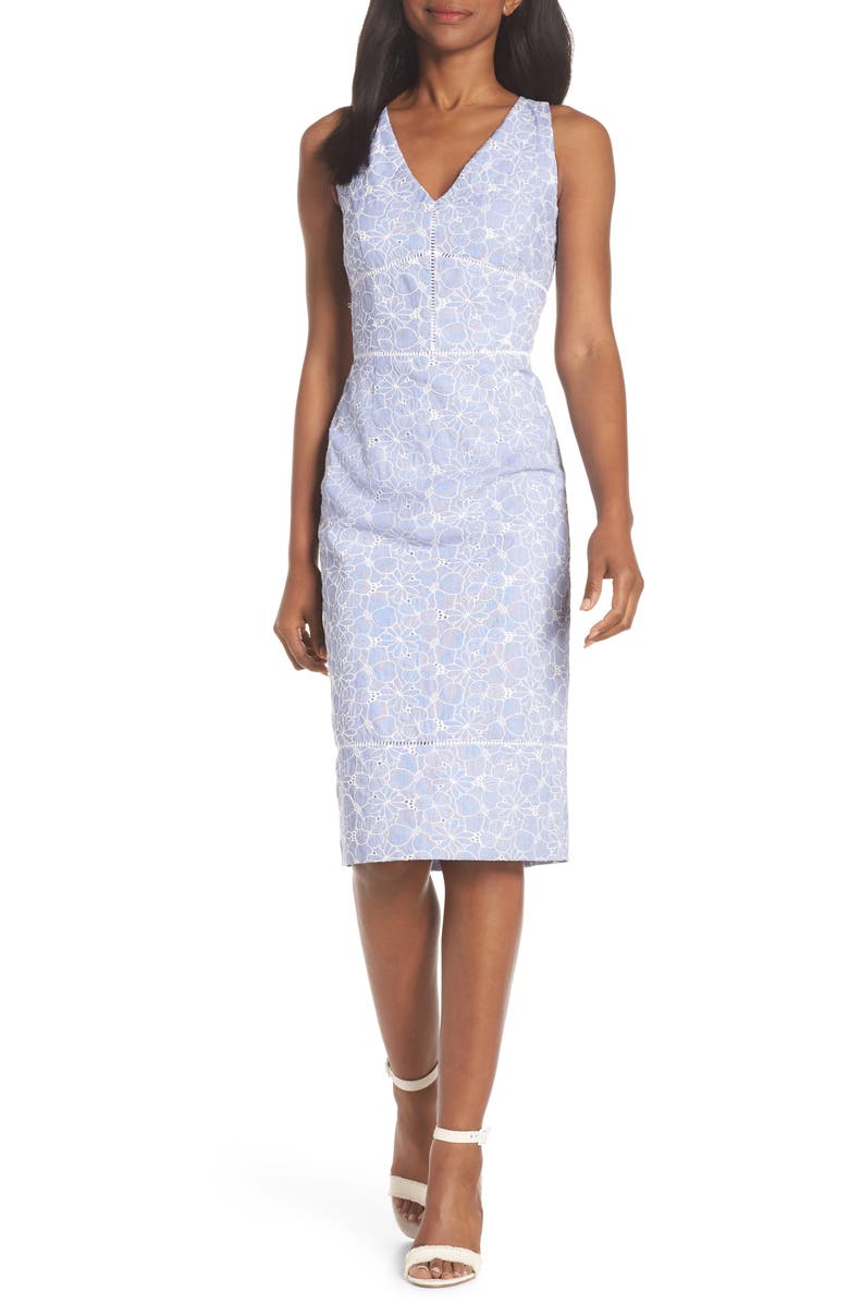 Maggy London Sleeveless Embroidered Sheath Dress, Main, color, 