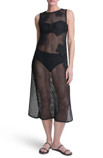 DKNY Pointelle Floral Knit Cover Up Dress in Black at Nordstrom Rack, Size X-Small