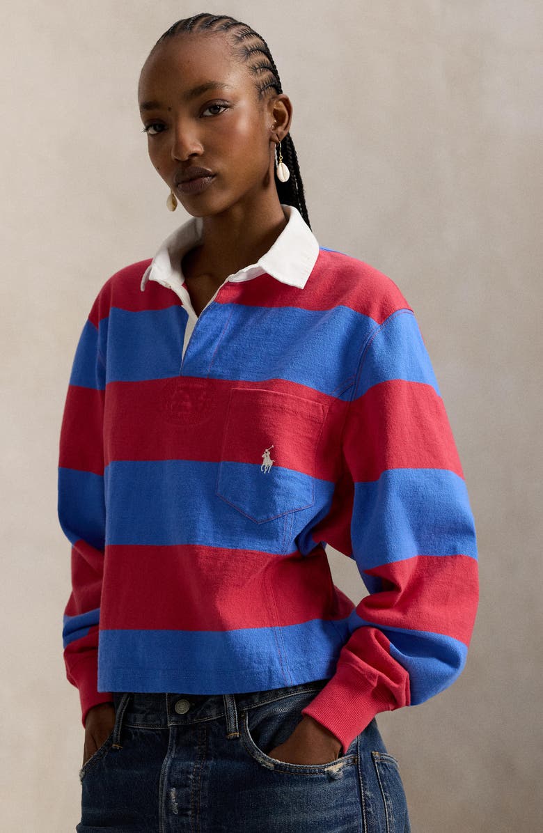 Polo Ralph Lauren Stripe Jersey Rugby Shirt, Alternate, color, Sunset Red/ Greenwich Blue