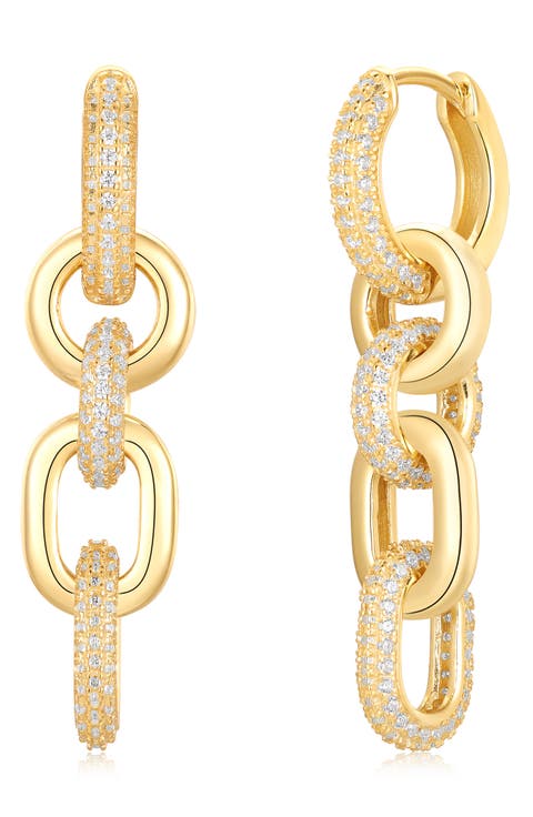 Pavé Cubic Zirconia Chain Drop Huggie Hoop Earrings