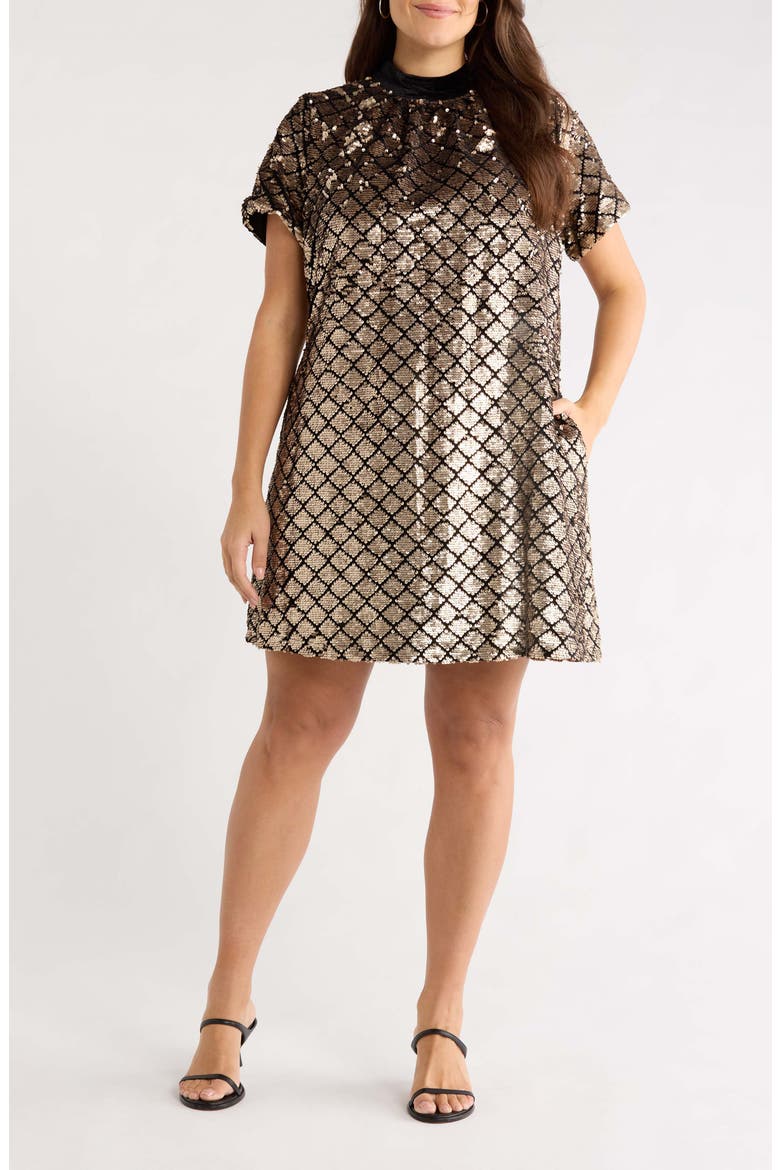 Sequined Mock Neck Shift Dress, Main, color, SILVER