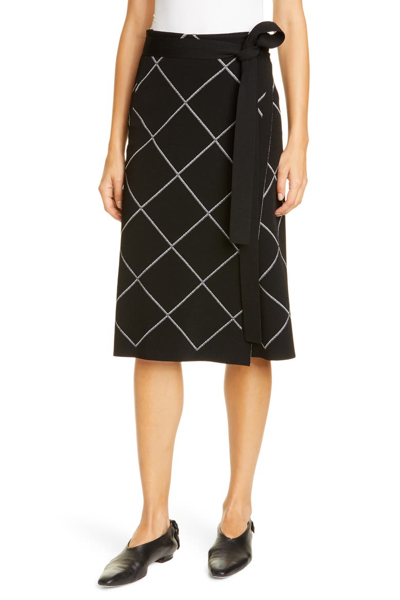 Windowpane Check Knit Wrap Skirt, Main, color, BLACK/ OPTIC WHITE