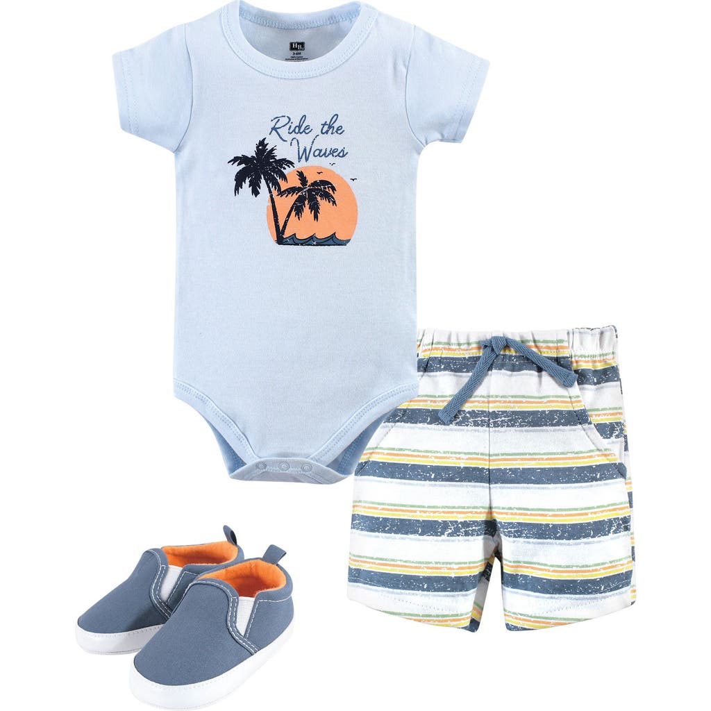 Hudson Baby Cotton Bodysuit, Shorts And Shoe Set In Blue