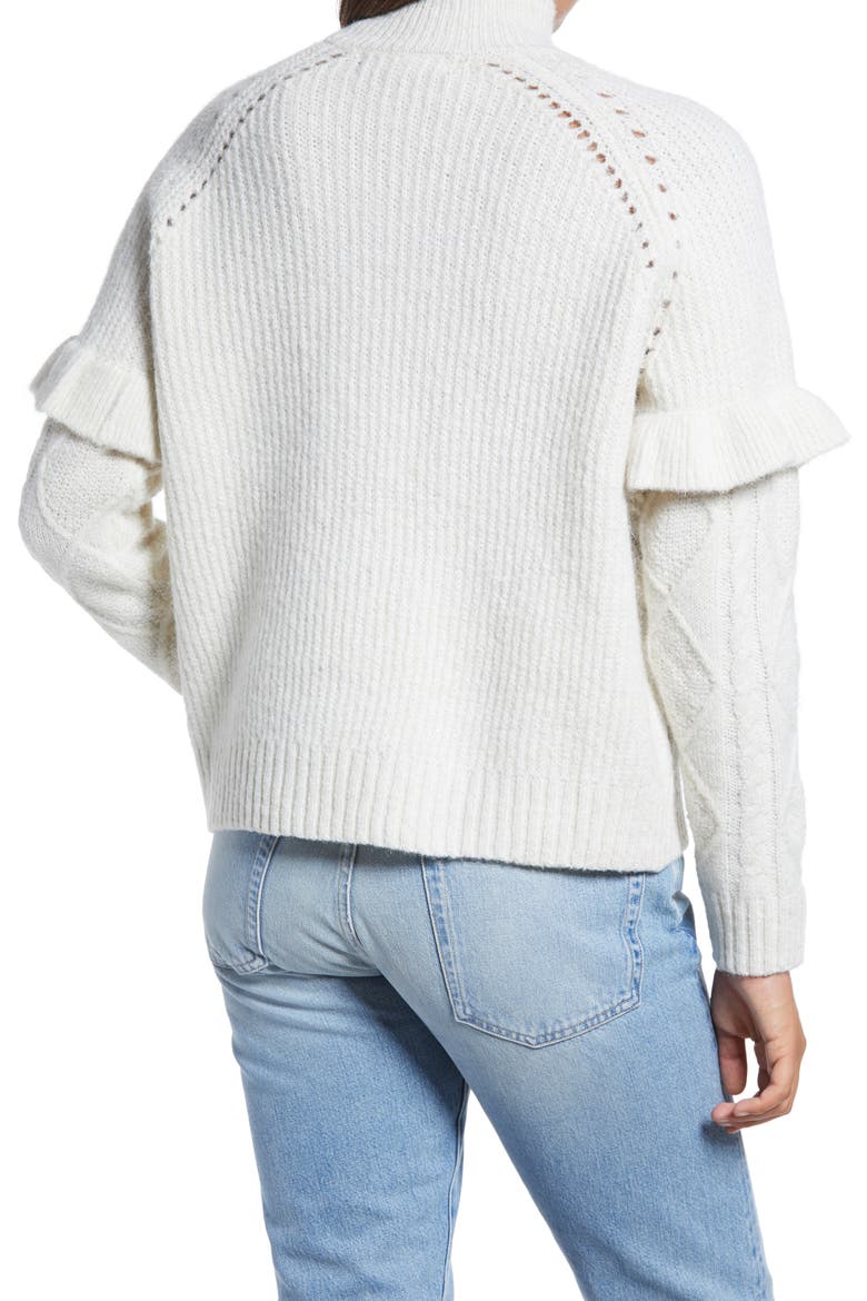 Mock Neck Pointelle Knit & Ruffle Trim Sweater, Alternate, color, BIRCH