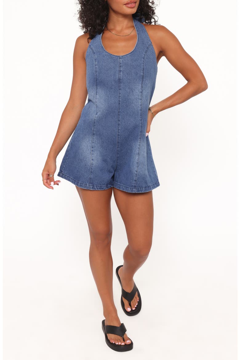 Paityn Denim Halter Romper, Main, color, DARK WASH