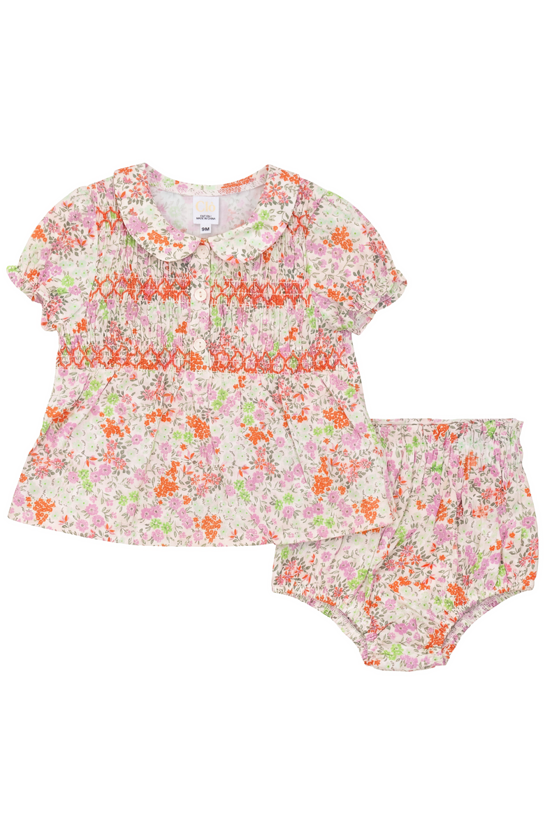 Clô Multi Flower Print with Front Smocking Top and Bloomer Set, Main, color, Lilac