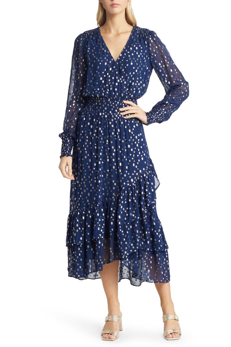 Cristiana Long Sleeve Chiffon Midi Dress, Main, color, LOW TIDE NAVY VISCOSE METALLIC